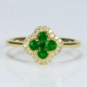 Diamond Halo Emerald 4 Leaf Lucky Clover Ring