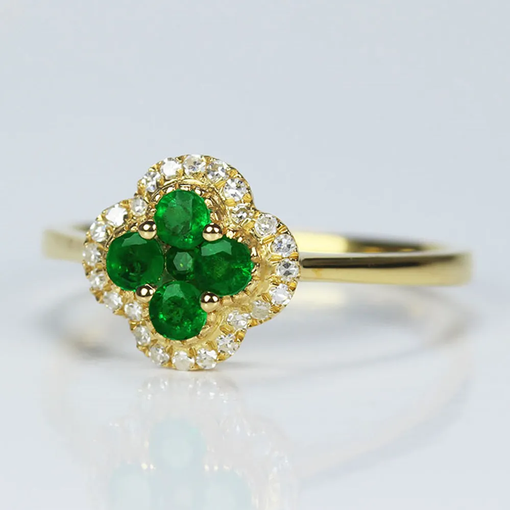 Diamond Halo Emerald 4 Leaf Lucky Clover Ring
