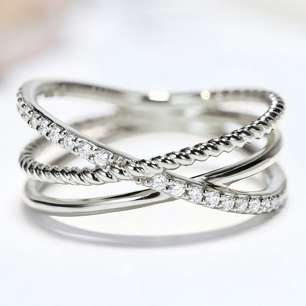 Diamond Multi-Layered Criss Cross Overlap Wide Ring