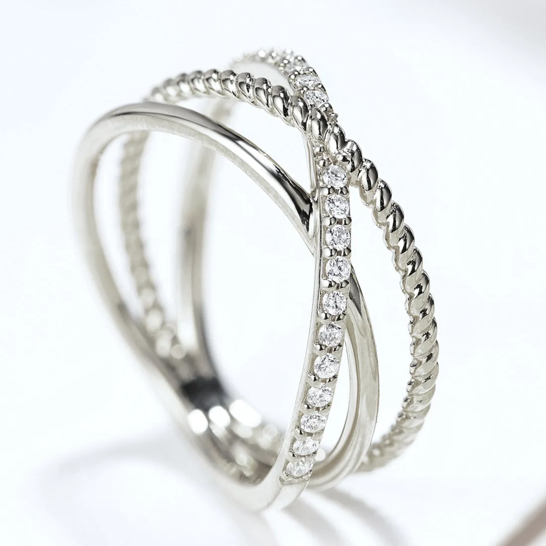 Diamond Multi-Layered Criss Cross Overlap Wide Ring