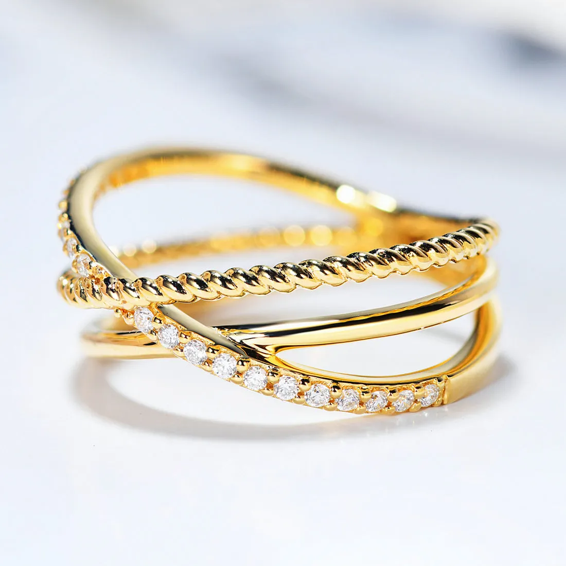 Diamond Multi-Layered Criss Cross Overlap Wide Ring