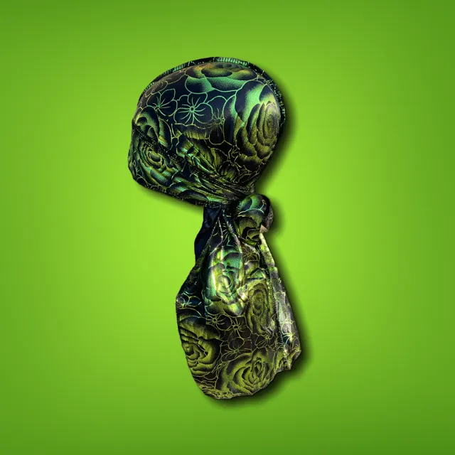 DUtheRAGthing Black & Green "Rose" Silky Graphic Durag