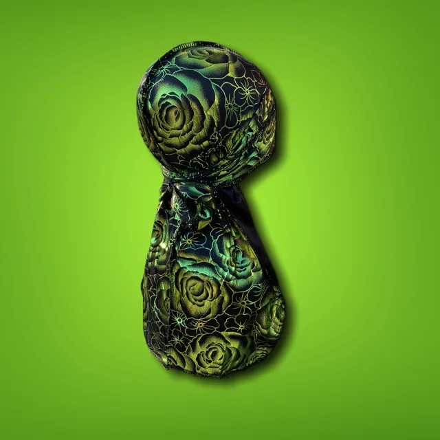 DUtheRAGthing Black & Green "Rose" Silky Graphic Durag