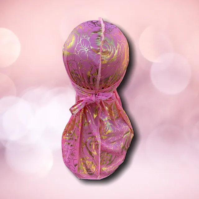 DUtheRAGthing Pink & Gold "Rose" Silky Graphic Durag