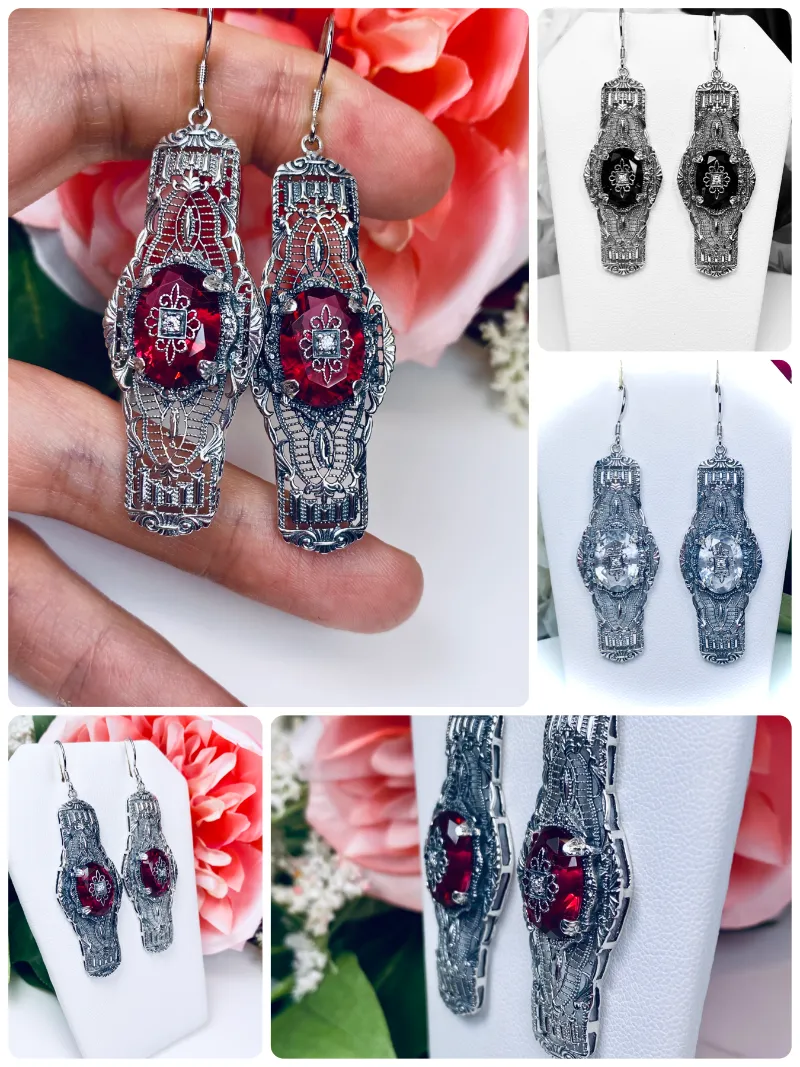 E4e, Oval Castle Embellished Earrings, Sterling Silver Filigree, Elegant Vintage Jewelry #E4e