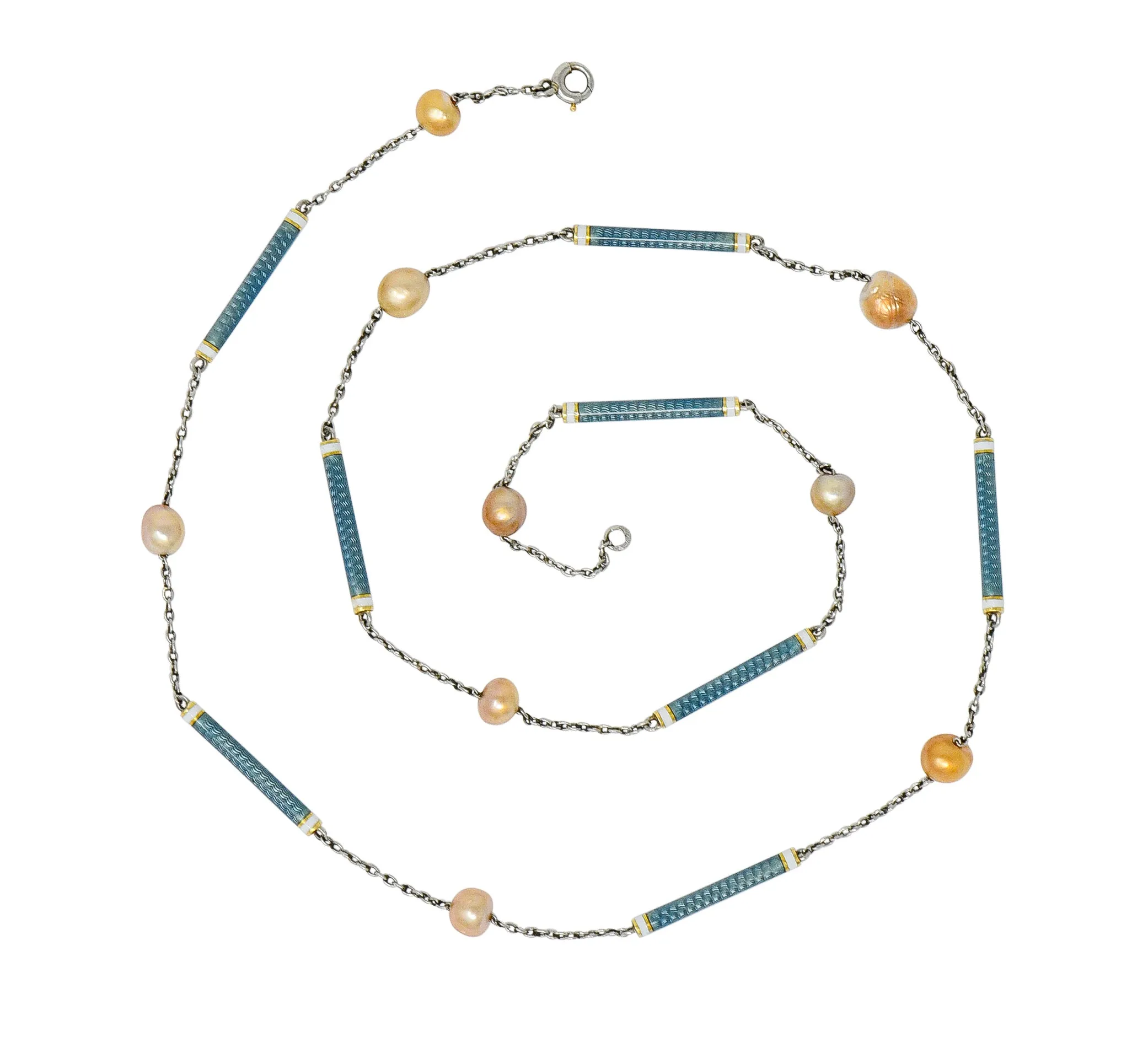 Edwardian French Pearl Enamel Platinum Bar Link Station Choker Necklace