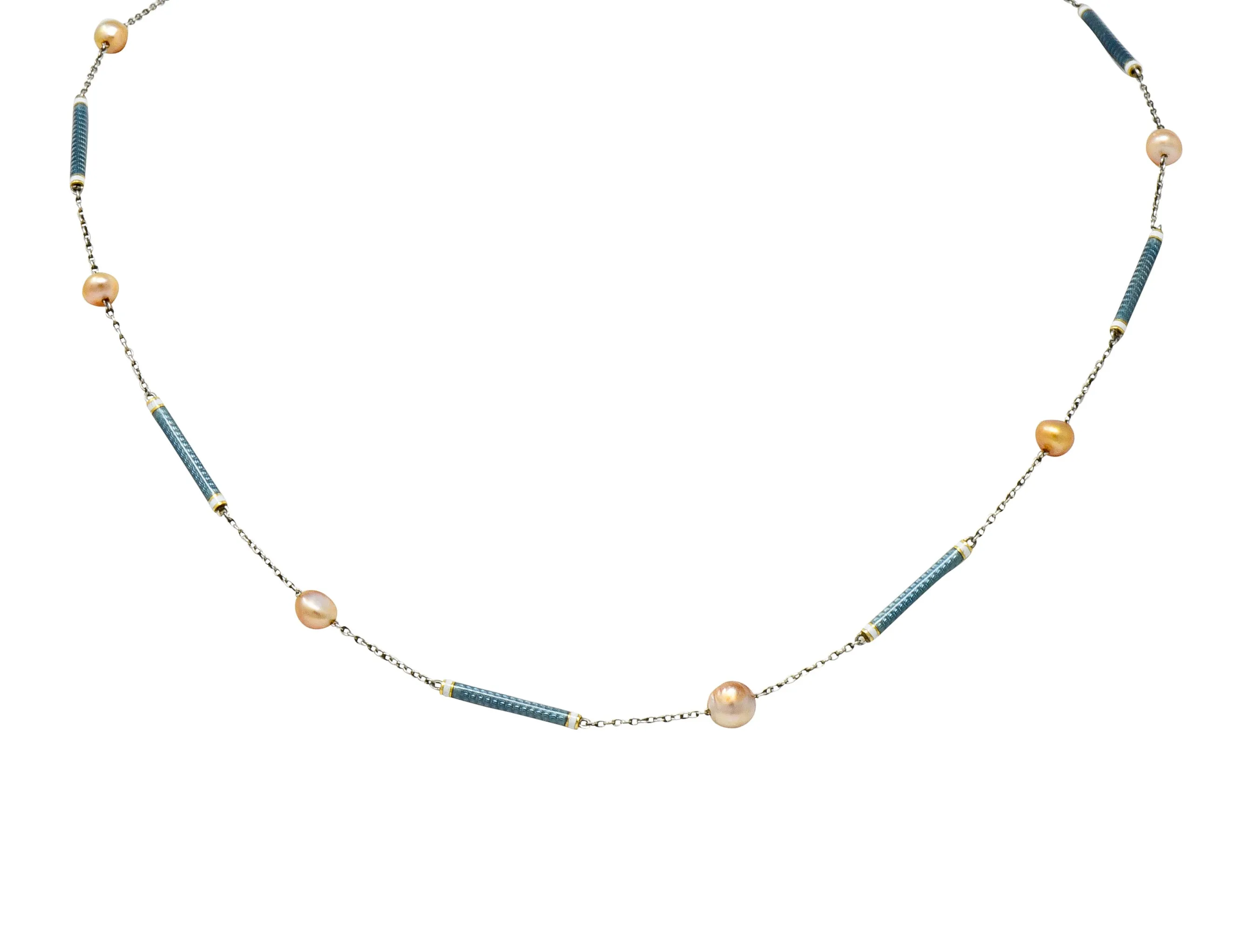 Edwardian French Pearl Enamel Platinum Bar Link Station Choker Necklace