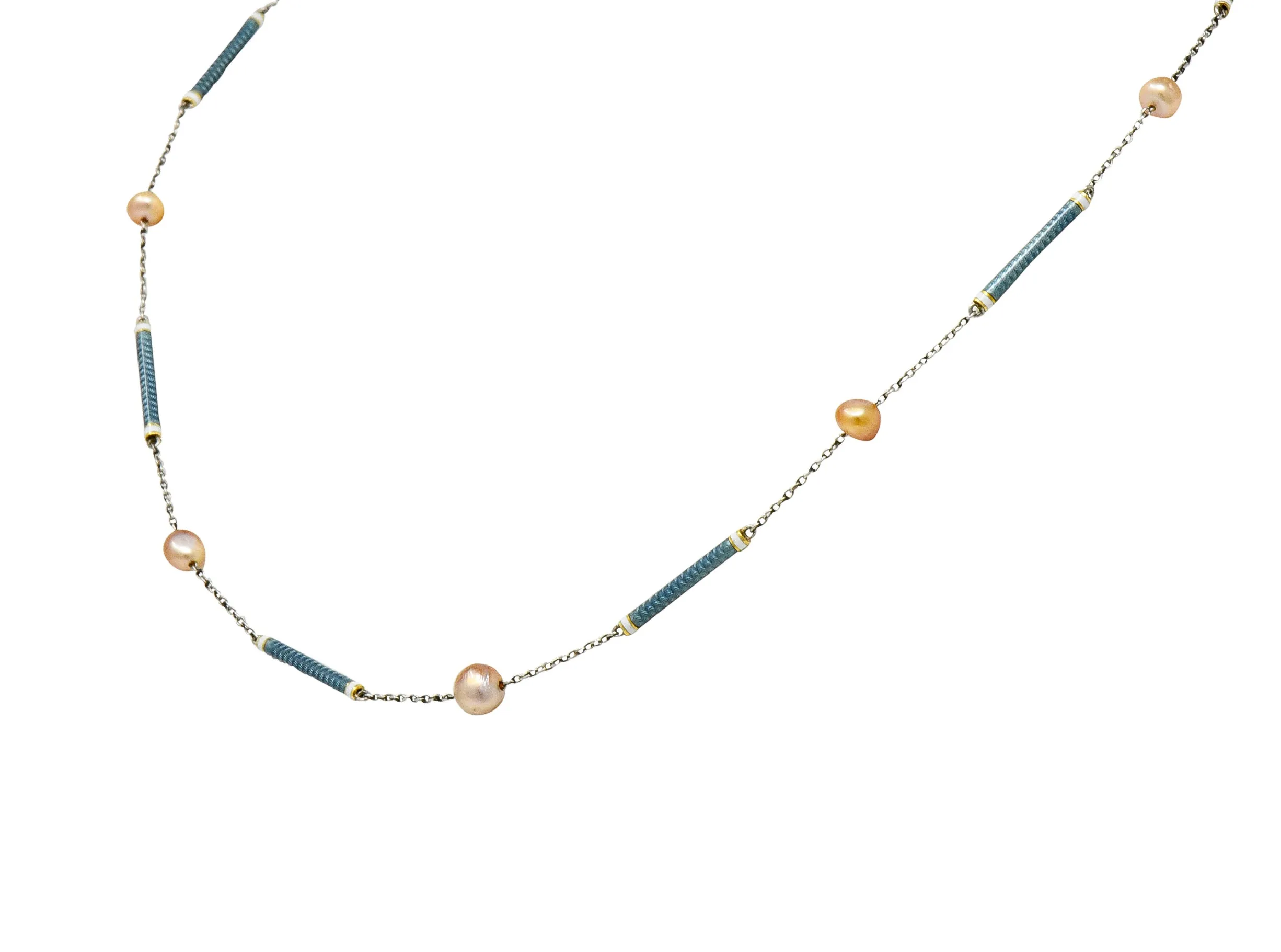 Edwardian French Pearl Enamel Platinum Bar Link Station Choker Necklace