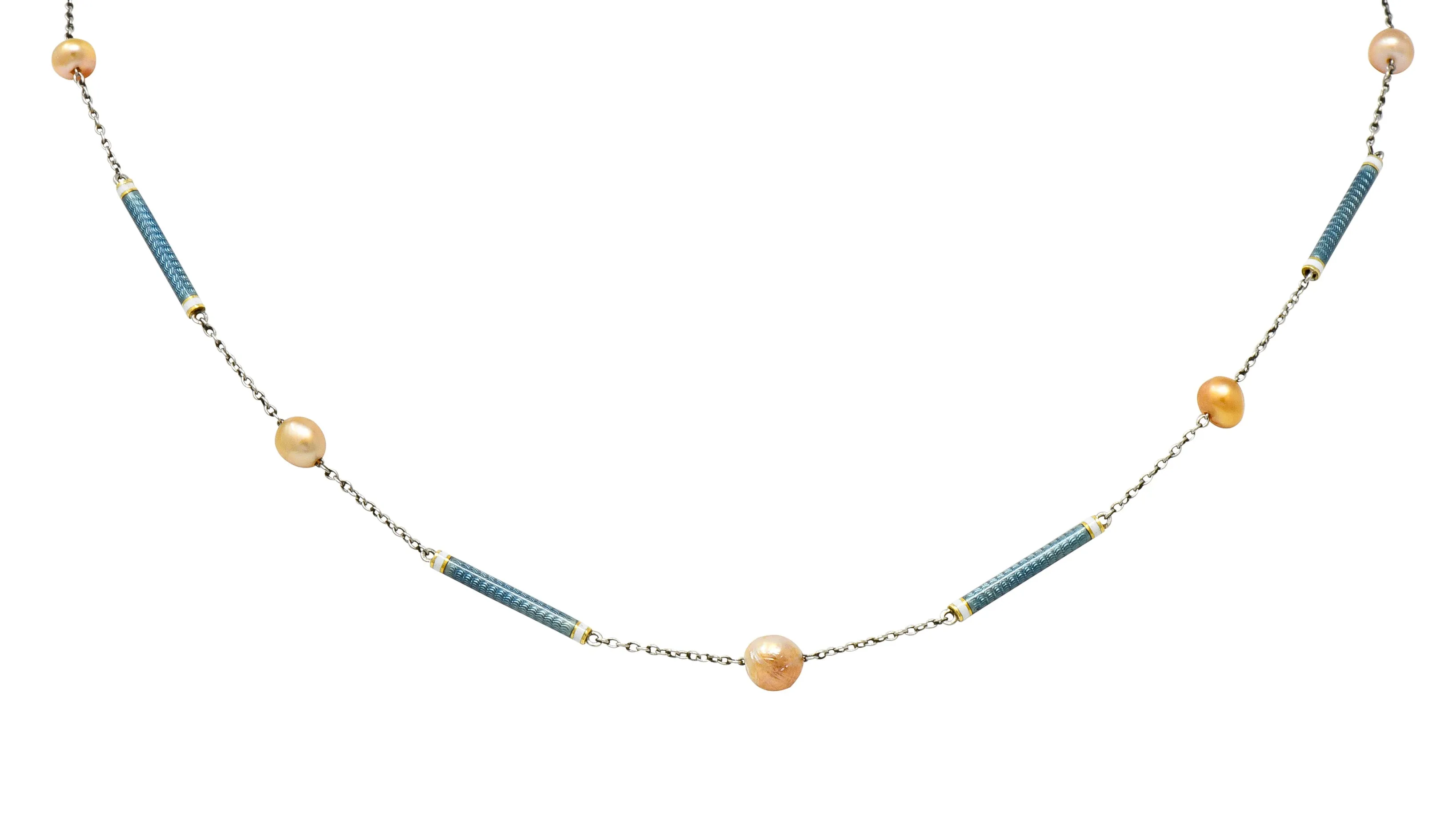 Edwardian French Pearl Enamel Platinum Bar Link Station Choker Necklace