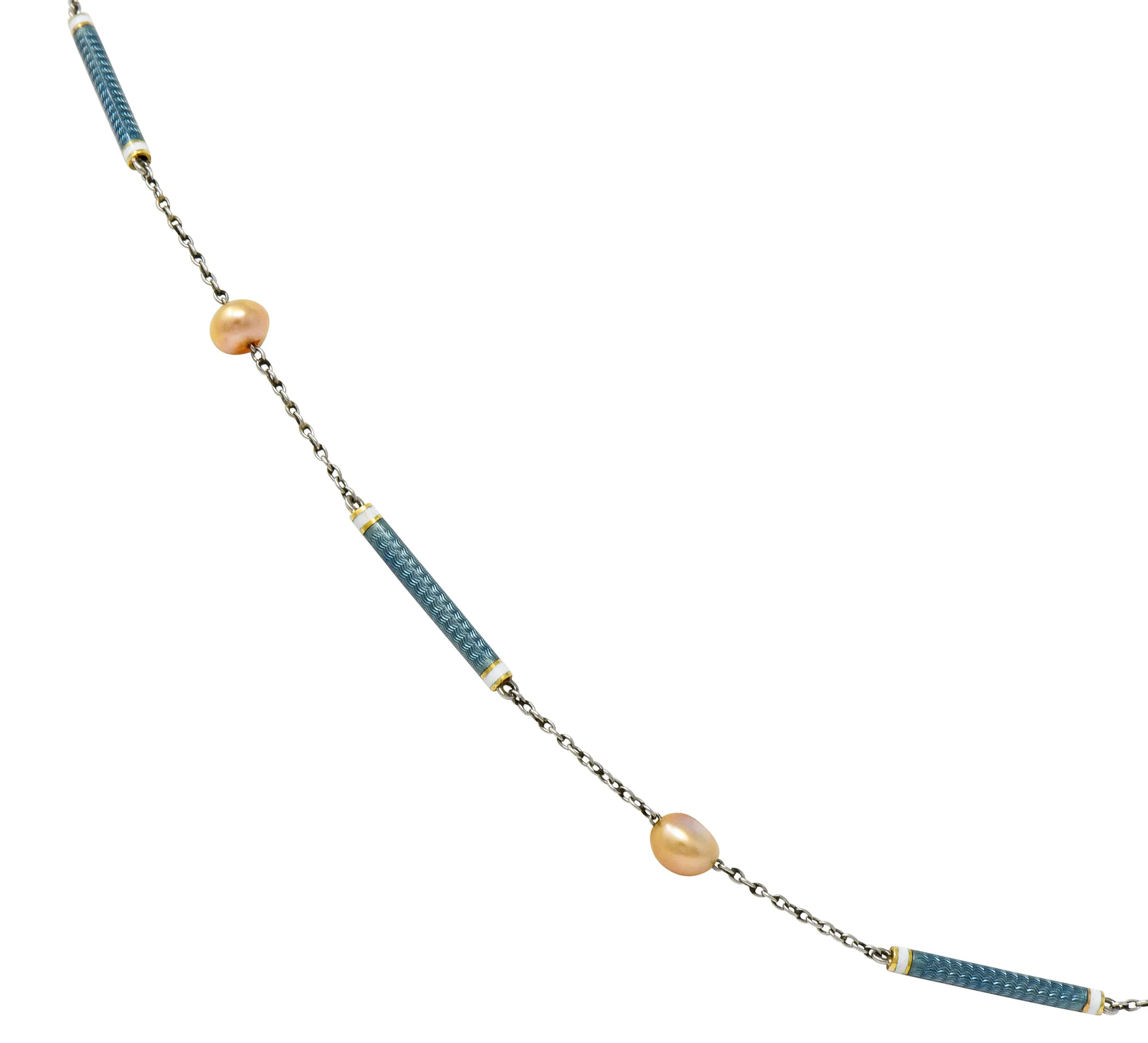 Edwardian French Pearl Enamel Platinum Bar Link Station Choker Necklace