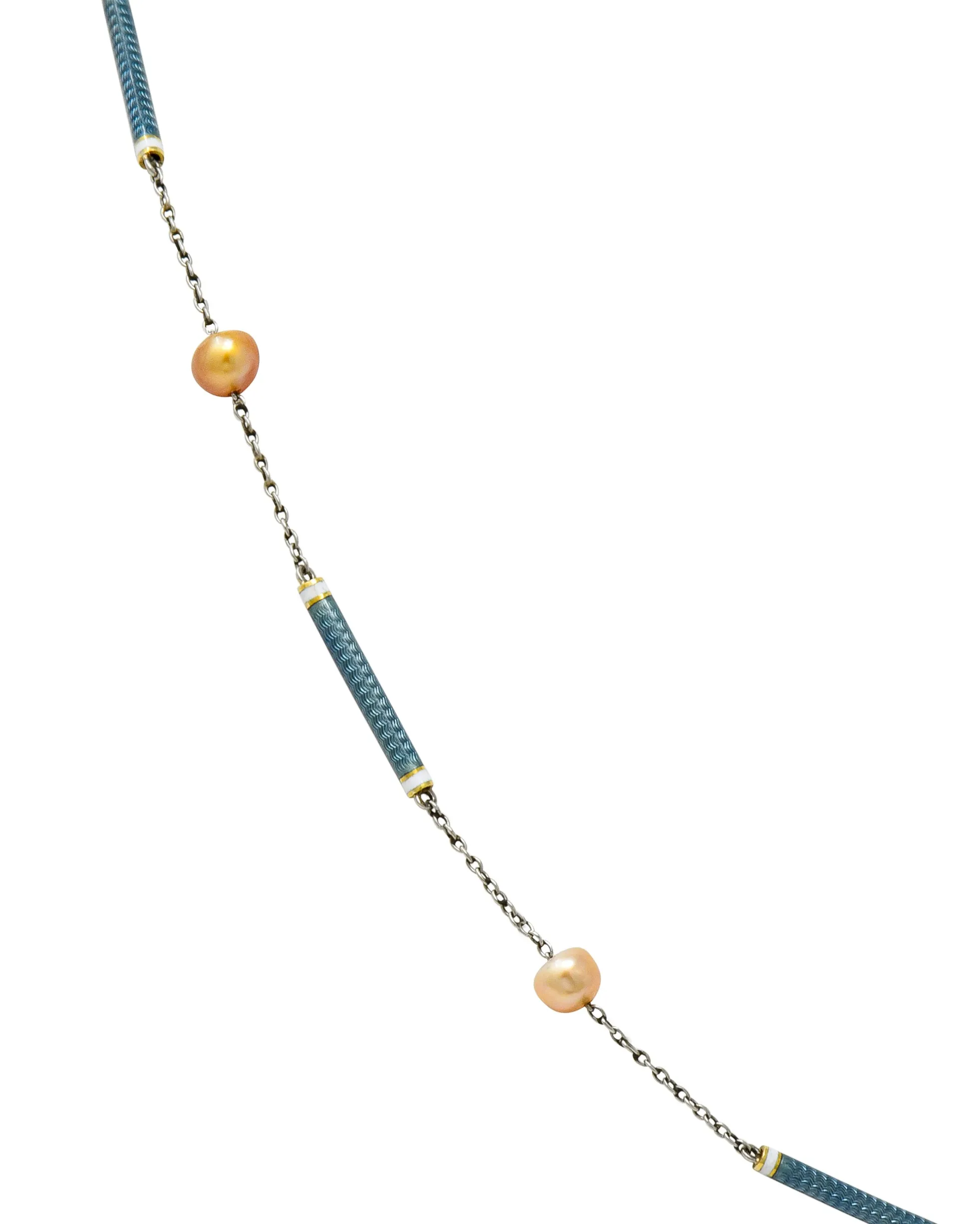 Edwardian French Pearl Enamel Platinum Bar Link Station Choker Necklace