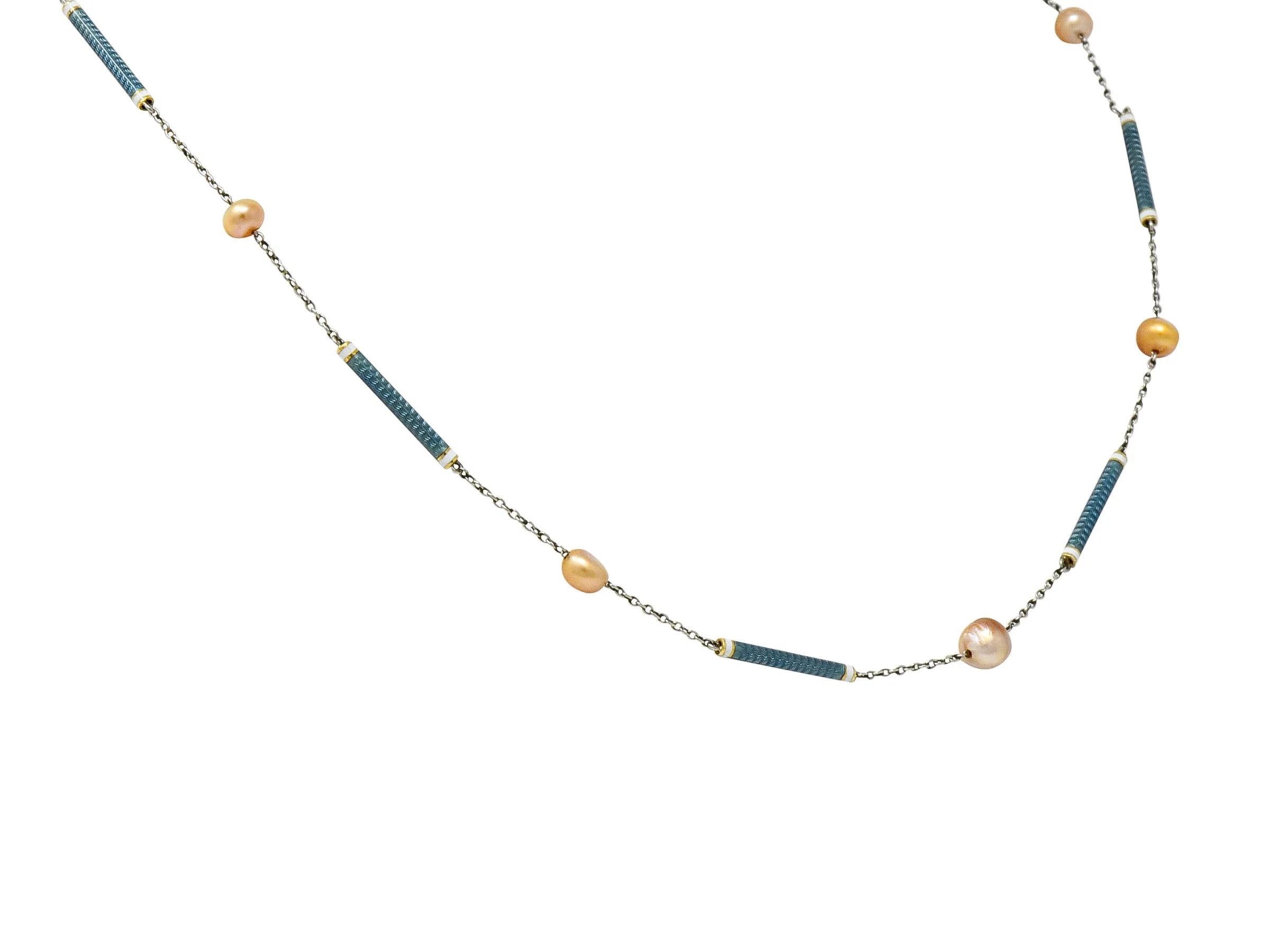 Edwardian French Pearl Enamel Platinum Bar Link Station Choker Necklace