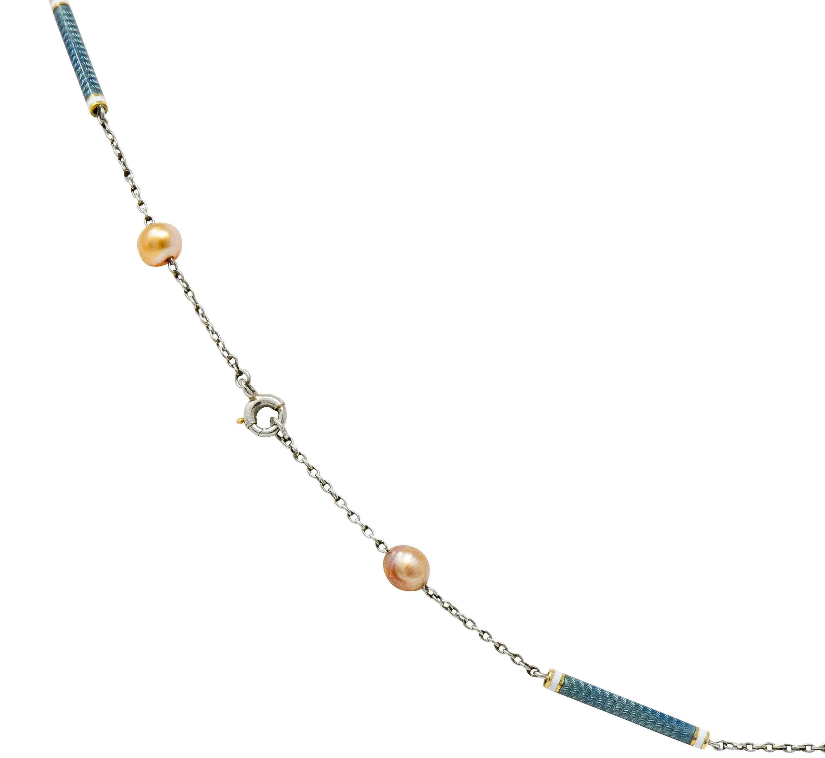 Edwardian French Pearl Enamel Platinum Bar Link Station Choker Necklace