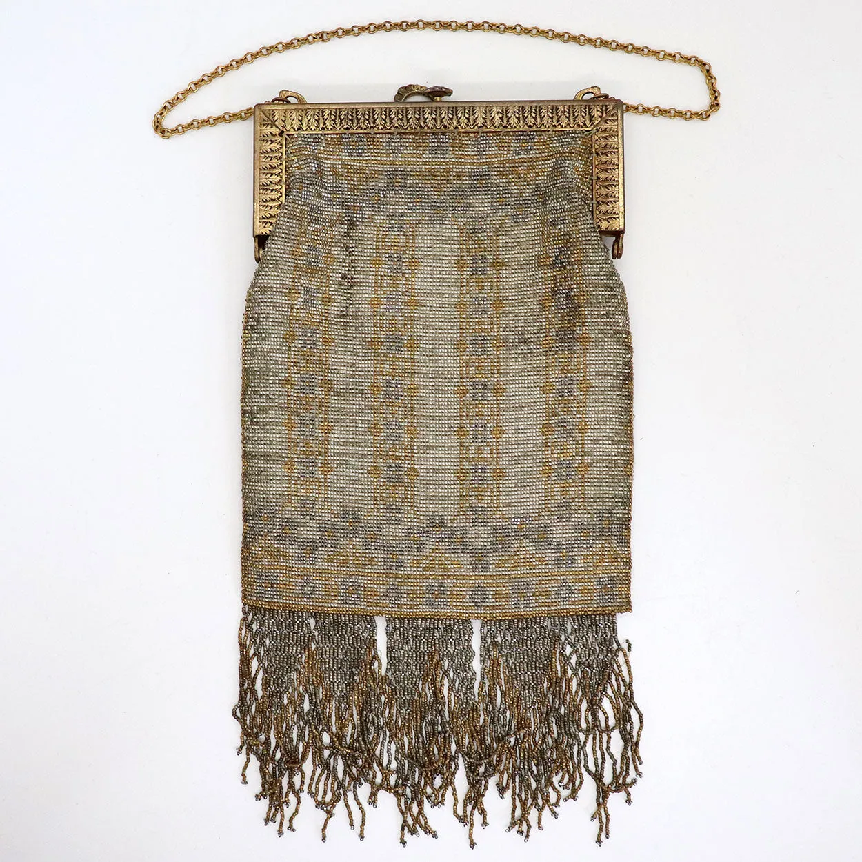 Edwardian/Art Deco French Steel Cut Micro Beaded Evening Fringed Handbag