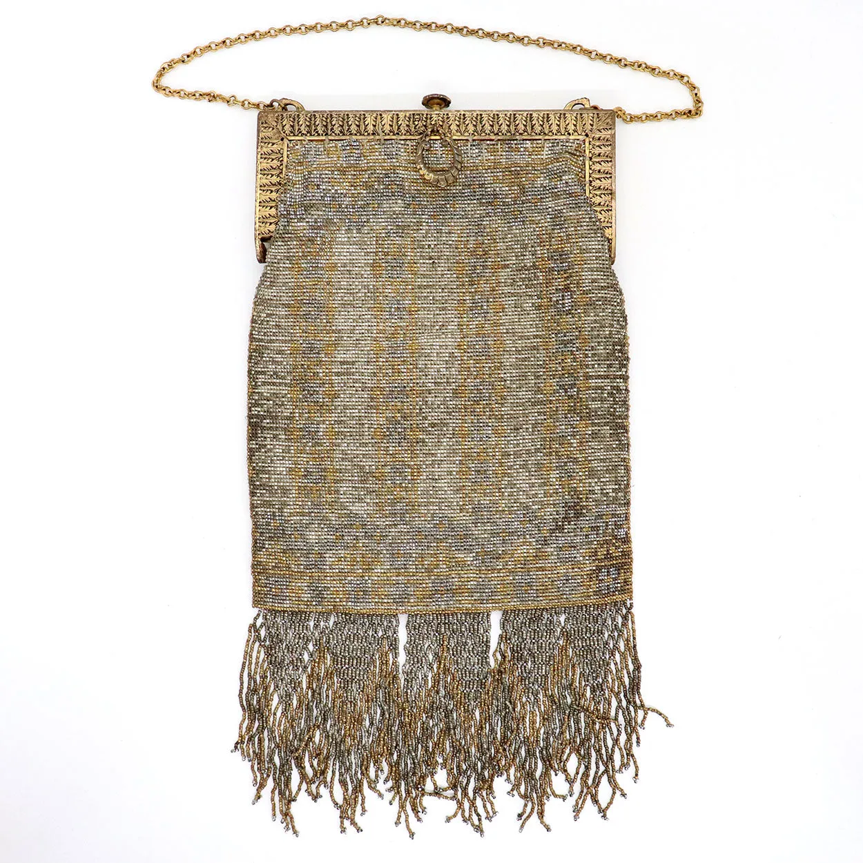 Edwardian/Art Deco French Steel Cut Micro Beaded Evening Fringed Handbag