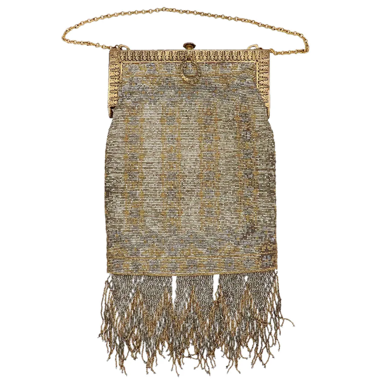 Edwardian/Art Deco French Steel Cut Micro Beaded Evening Fringed Handbag