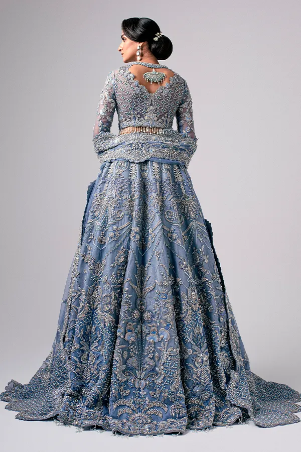 Embellished Sky Blue Lehenga Choli and Dupatta Pakistani Bridal Dress