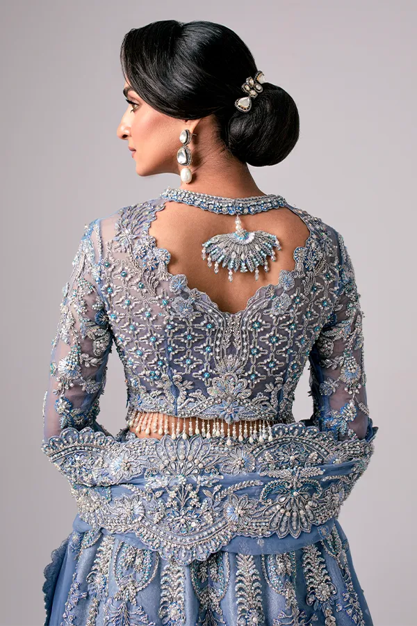 Embellished Sky Blue Lehenga Choli and Dupatta Pakistani Bridal Dress