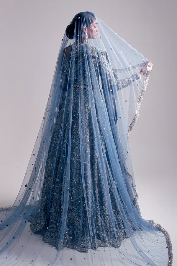 Embellished Sky Blue Lehenga Choli and Dupatta Pakistani Bridal Dress