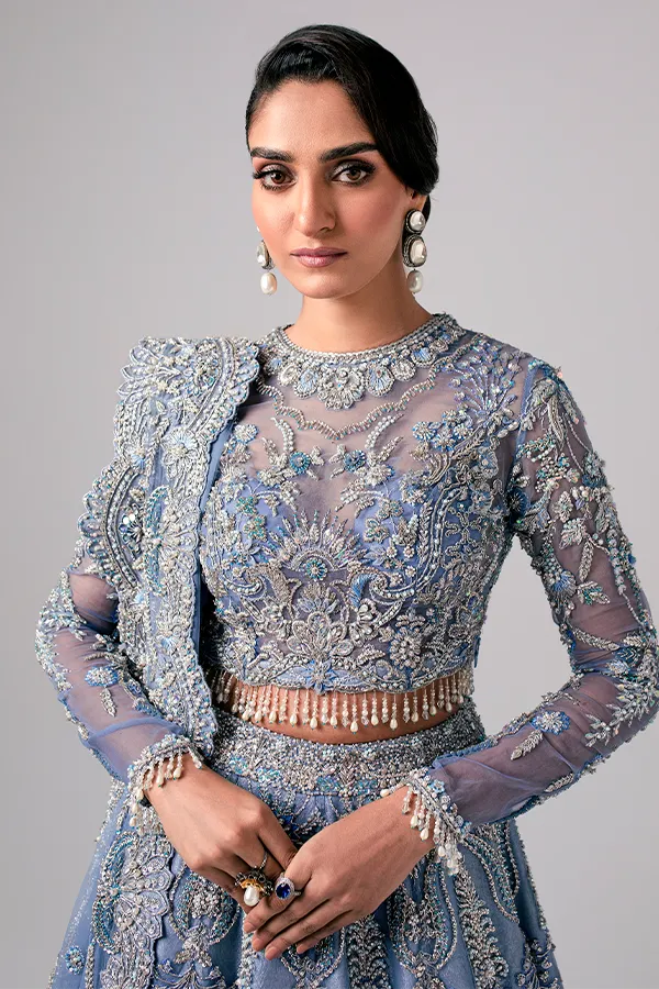 Embellished Sky Blue Lehenga Choli and Dupatta Pakistani Bridal Dress