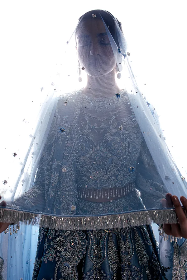 Embellished Sky Blue Lehenga Choli and Dupatta Pakistani Bridal Dress