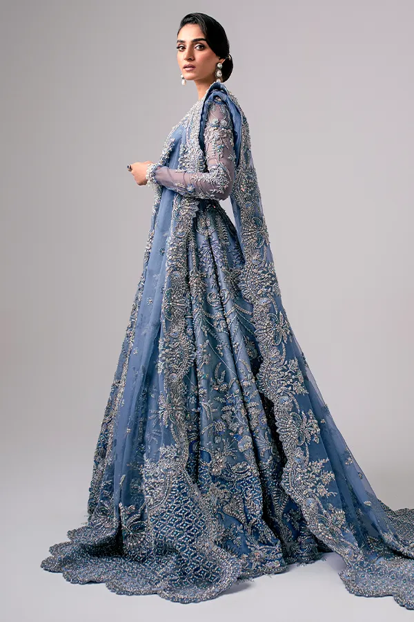 Embellished Sky Blue Lehenga Choli and Dupatta Pakistani Bridal Dress