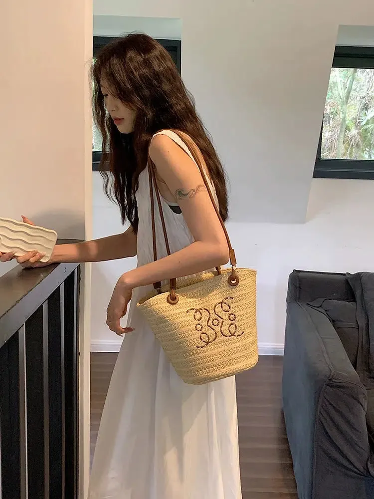 Embroidered Straw Shoulder Bag