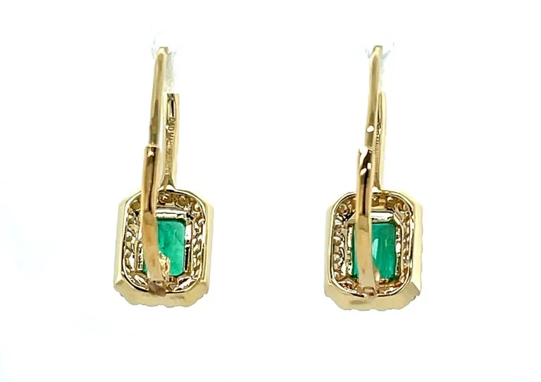 Emerald and Diamond Halo Drop Earrings in 14k Yellow Gold, .98 Carat Total