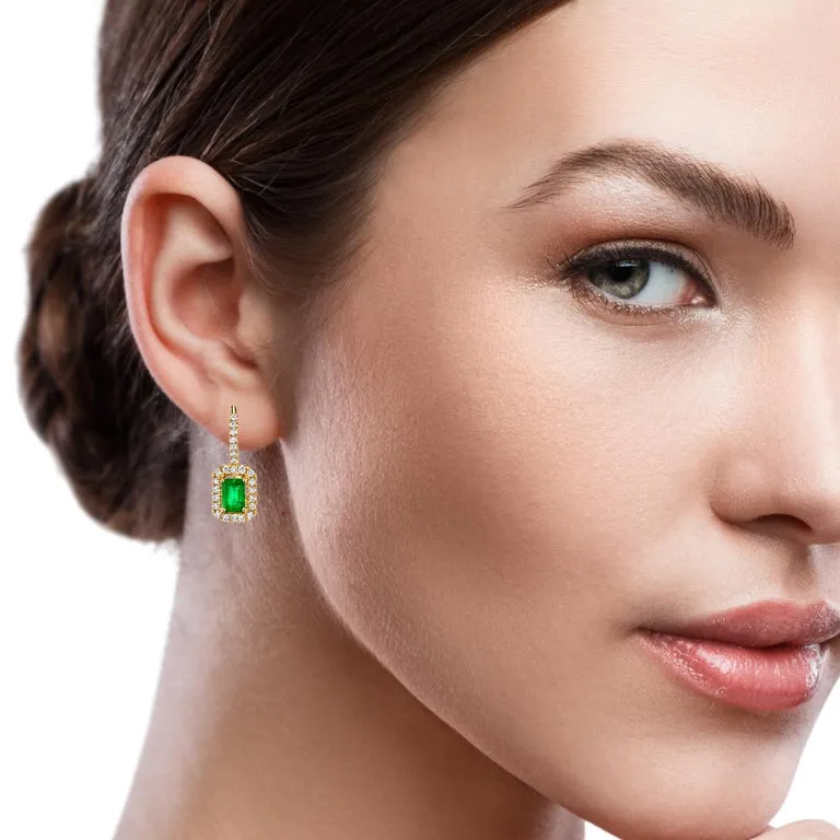 Emerald and Diamond Halo Drop Earrings in 14k Yellow Gold, .98 Carat Total
