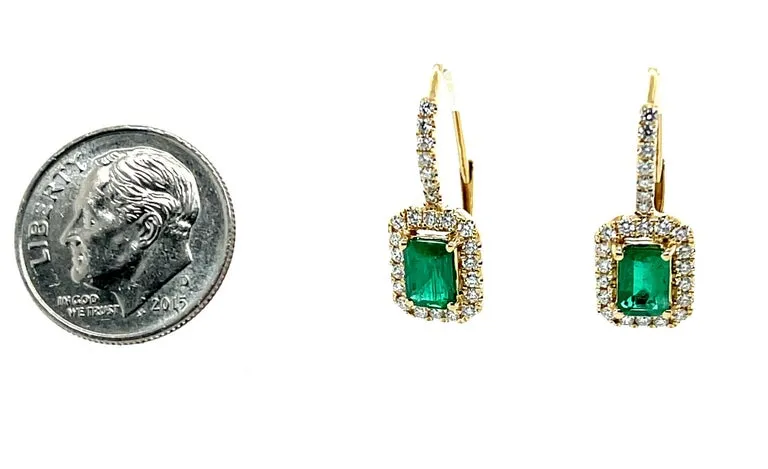 Emerald and Diamond Halo Drop Earrings in 14k Yellow Gold, .98 Carat Total