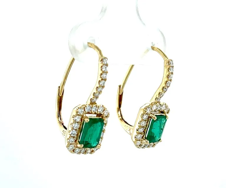 Emerald and Diamond Halo Drop Earrings in 14k Yellow Gold, .98 Carat Total