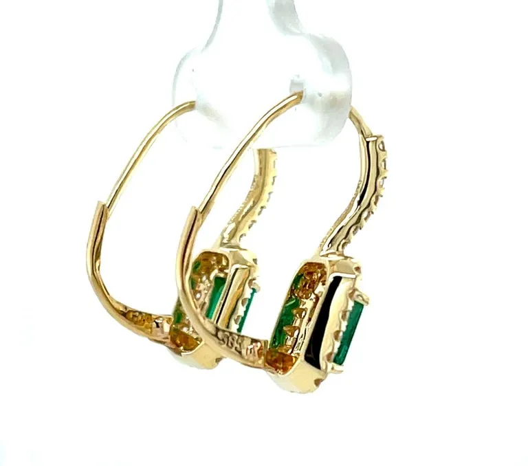 Emerald and Diamond Halo Drop Earrings in 14k Yellow Gold, .98 Carat Total