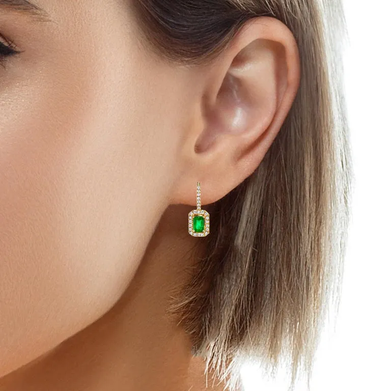 Emerald and Diamond Halo Drop Earrings in 14k Yellow Gold, .98 Carat Total