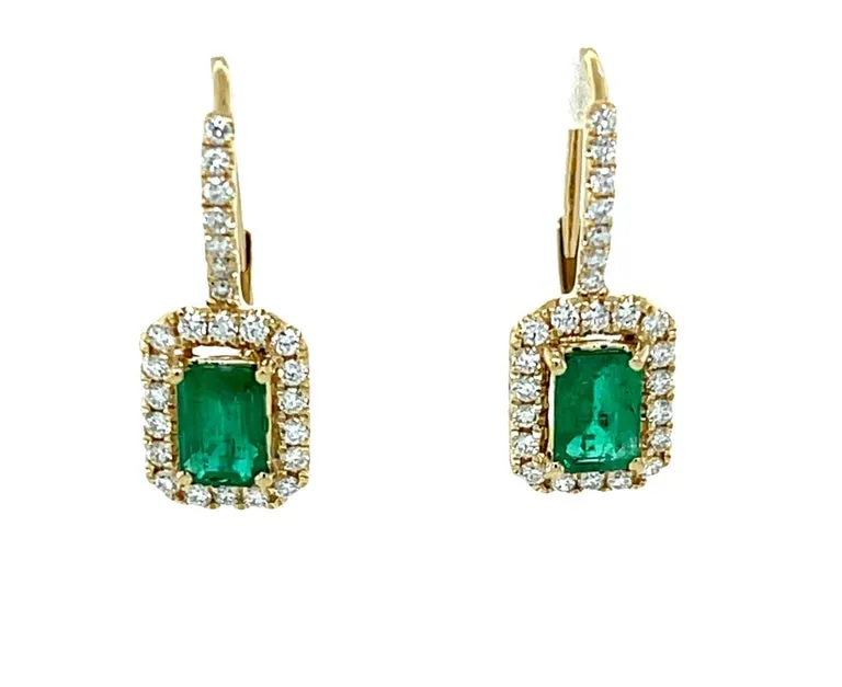 Emerald and Diamond Halo Drop Earrings in 14k Yellow Gold, .98 Carat Total