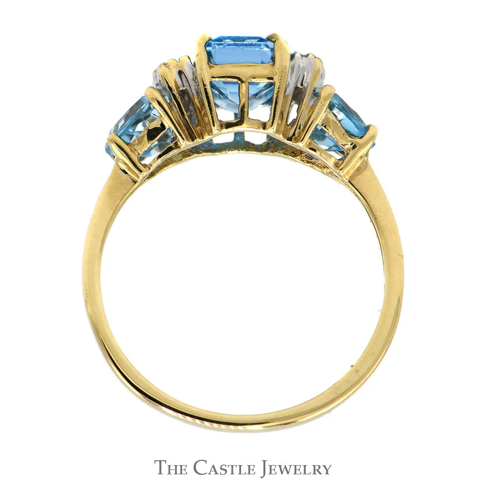 Emerald Cut Blue Topaz Ring with Trillion Cut Sides and Diamond Accents in 10k Yellow Gold