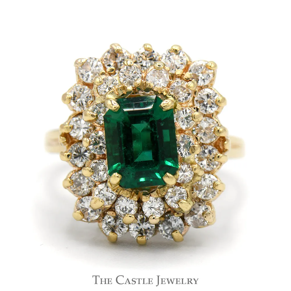 Emerald Cut Emerald Ring with White Sapphire Double Halo in 14k Yellow Gold