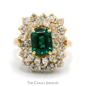 Emerald Cut Emerald Ring with White Sapphire Double Halo in 14k Yellow Gold