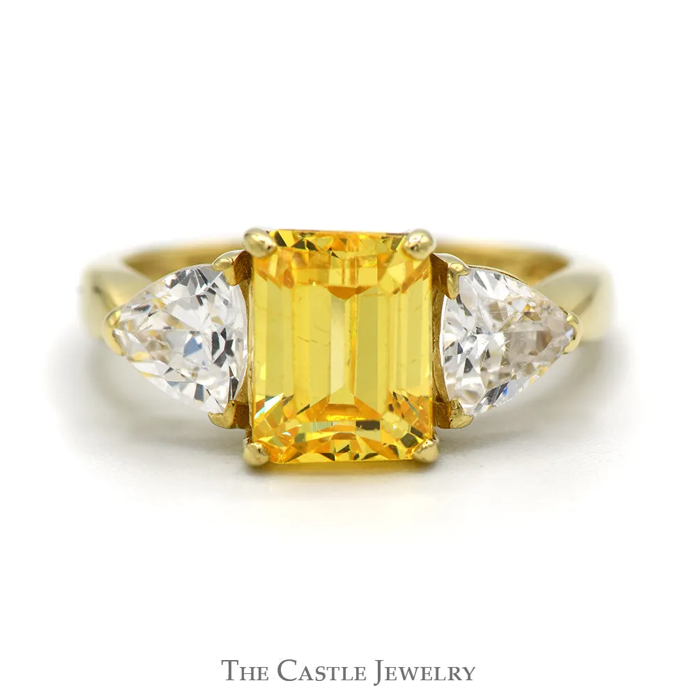 Emerald Cut Lemon Ice Ring with Trillion Cut Cubic Zirconia Accents in 14k Yellow Gold