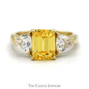 Emerald Cut Lemon Ice Ring with Trillion Cut Cubic Zirconia Accents in 14k Yellow Gold