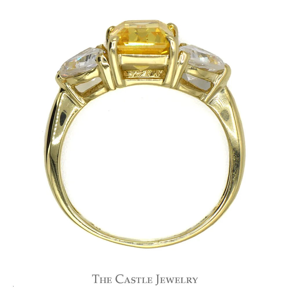 Emerald Cut Lemon Ice Ring with Trillion Cut Cubic Zirconia Accents in 14k Yellow Gold