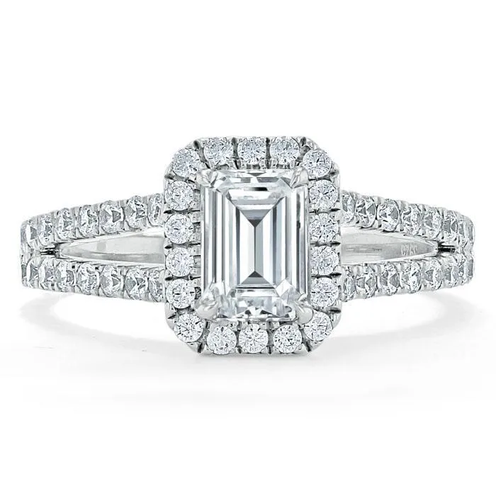 Emerald Cut Moissanite Engagement Ring, Classic Halo with Split Shank