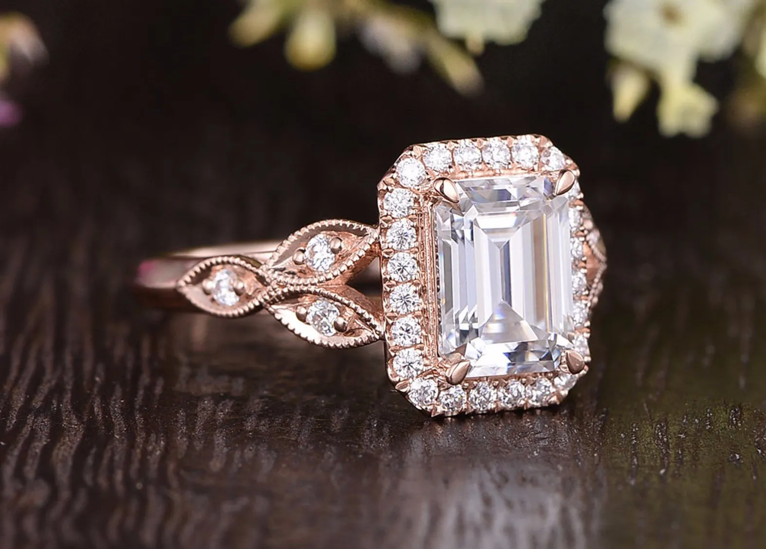 Emerald Cut Moissanite Engagement Ring, Floral Art Deco Halo Design