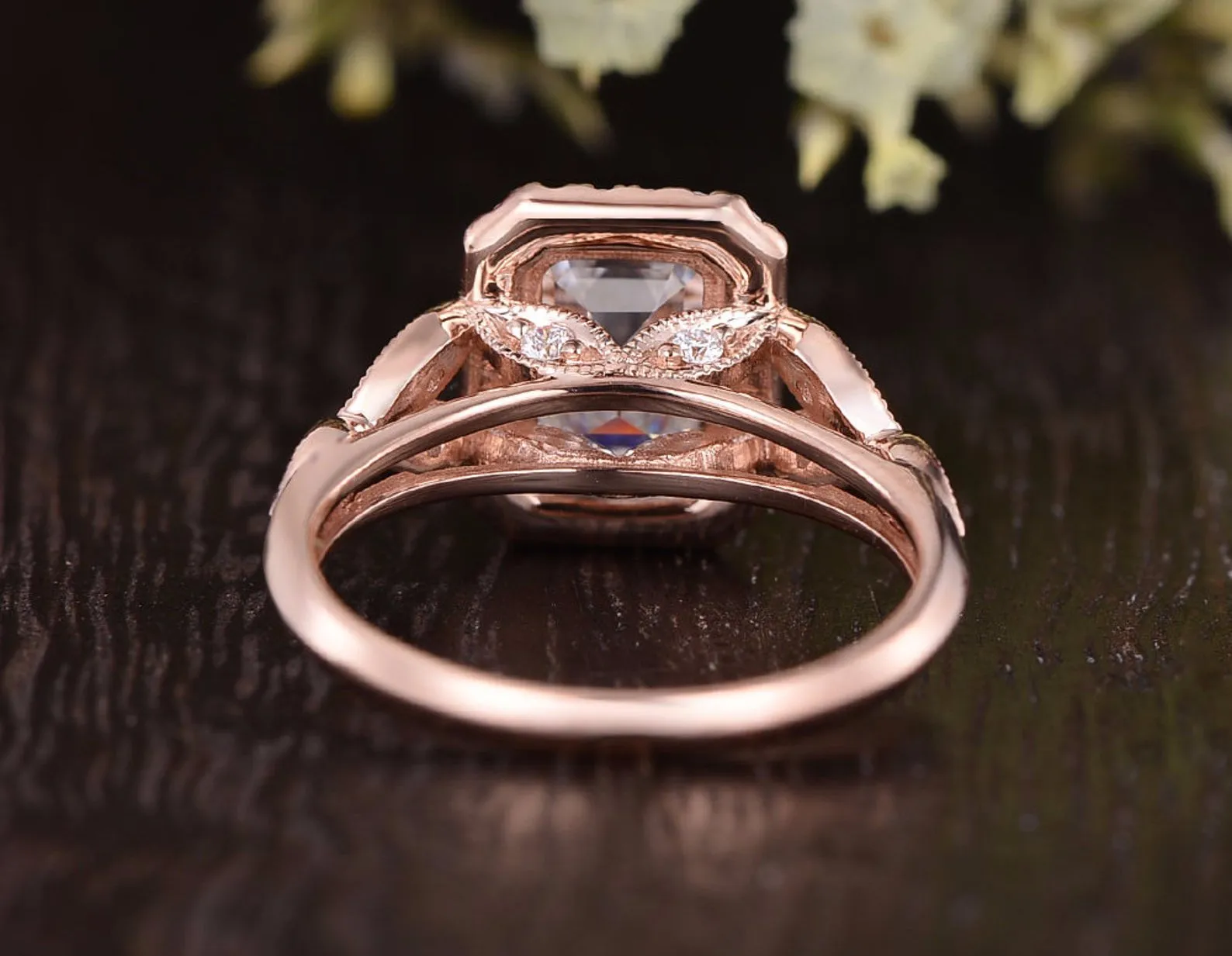 Emerald Cut Moissanite Engagement Ring, Floral Art Deco Halo Design