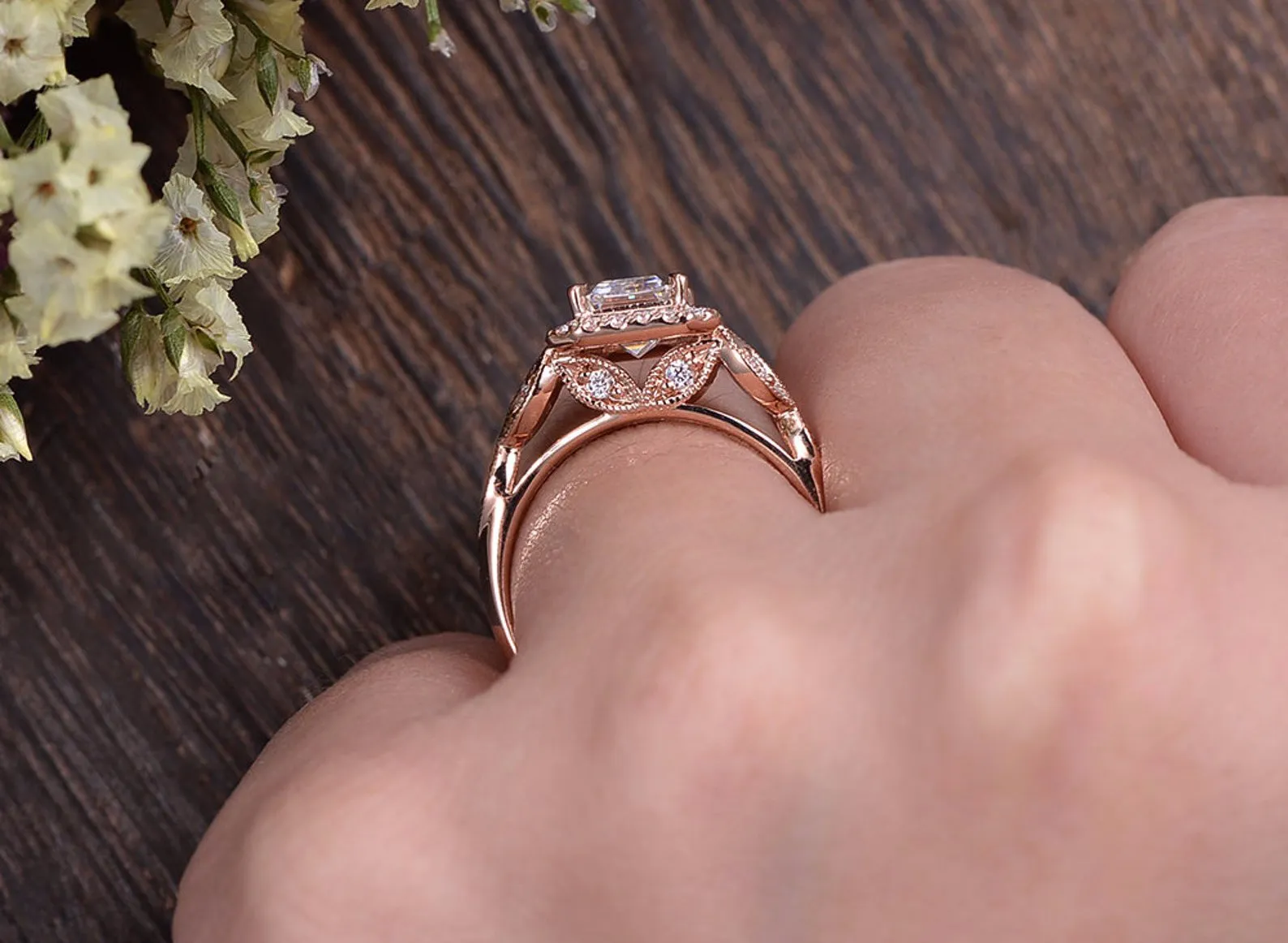 Emerald Cut Moissanite Engagement Ring, Floral Art Deco Halo Design