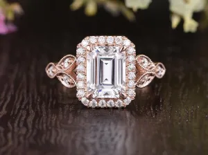 Emerald Cut Moissanite Engagement Ring, Floral Art Deco Halo Design