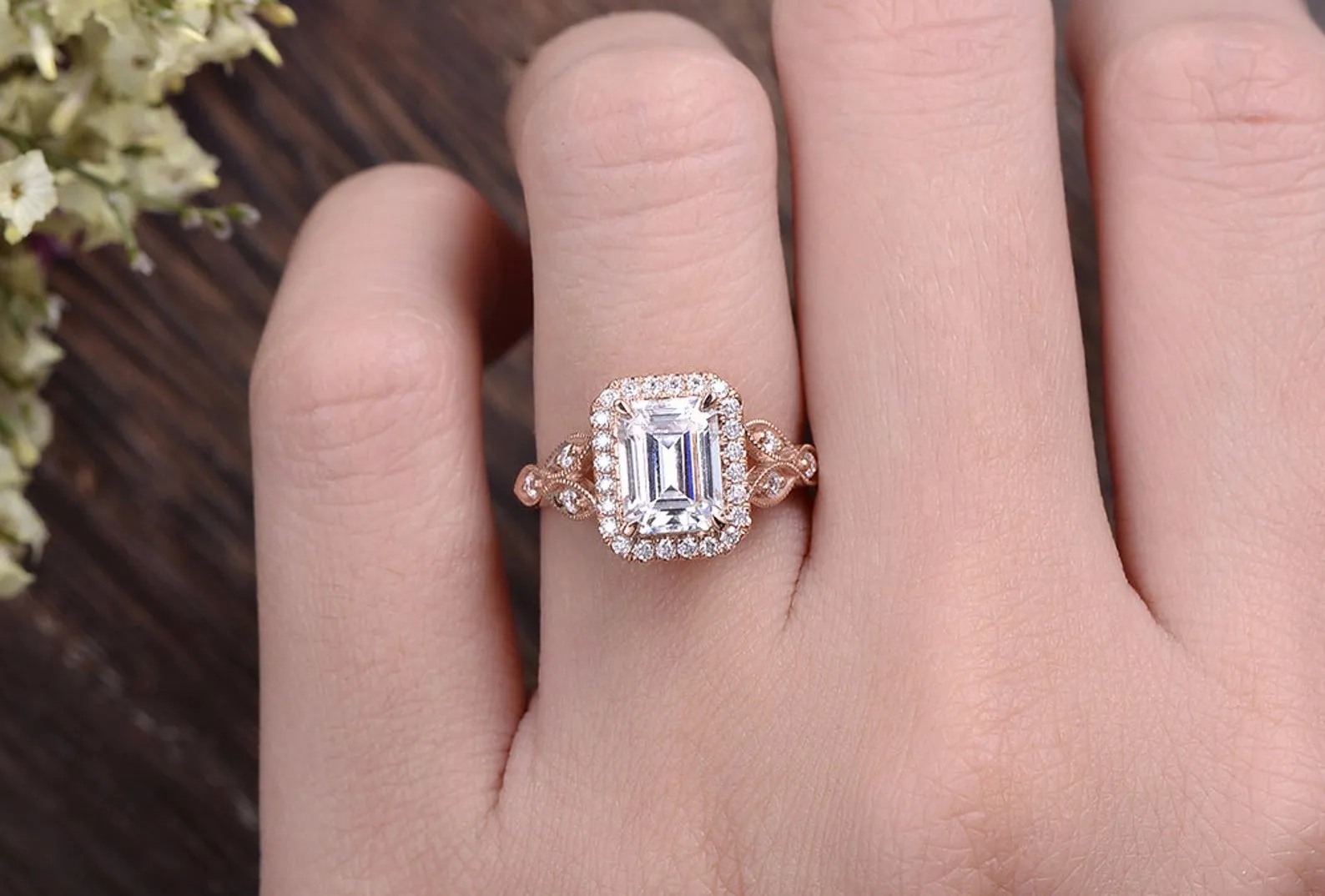 Emerald Cut Moissanite Engagement Ring, Floral Art Deco Halo Design