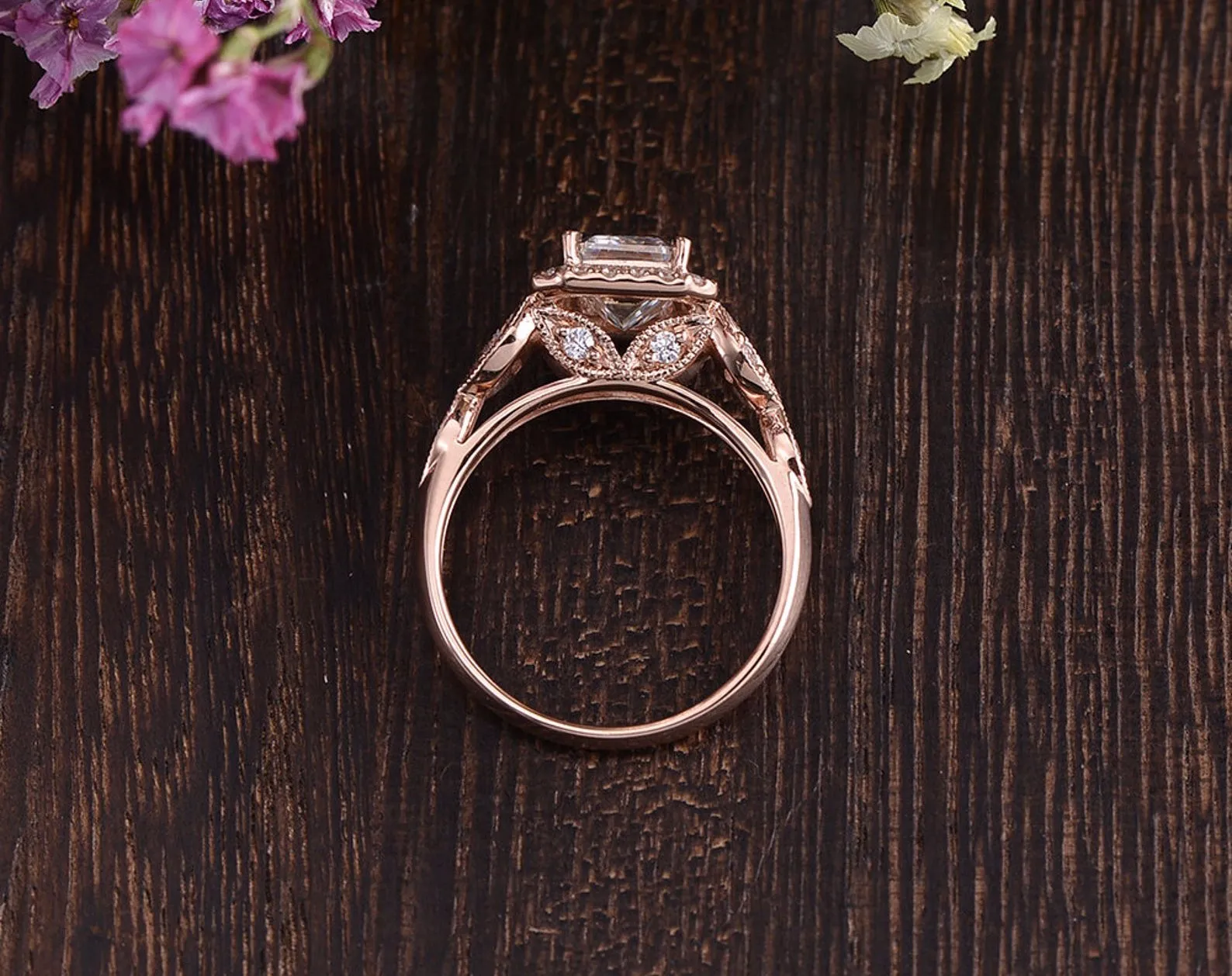 Emerald Cut Moissanite Engagement Ring, Floral Art Deco Halo Design