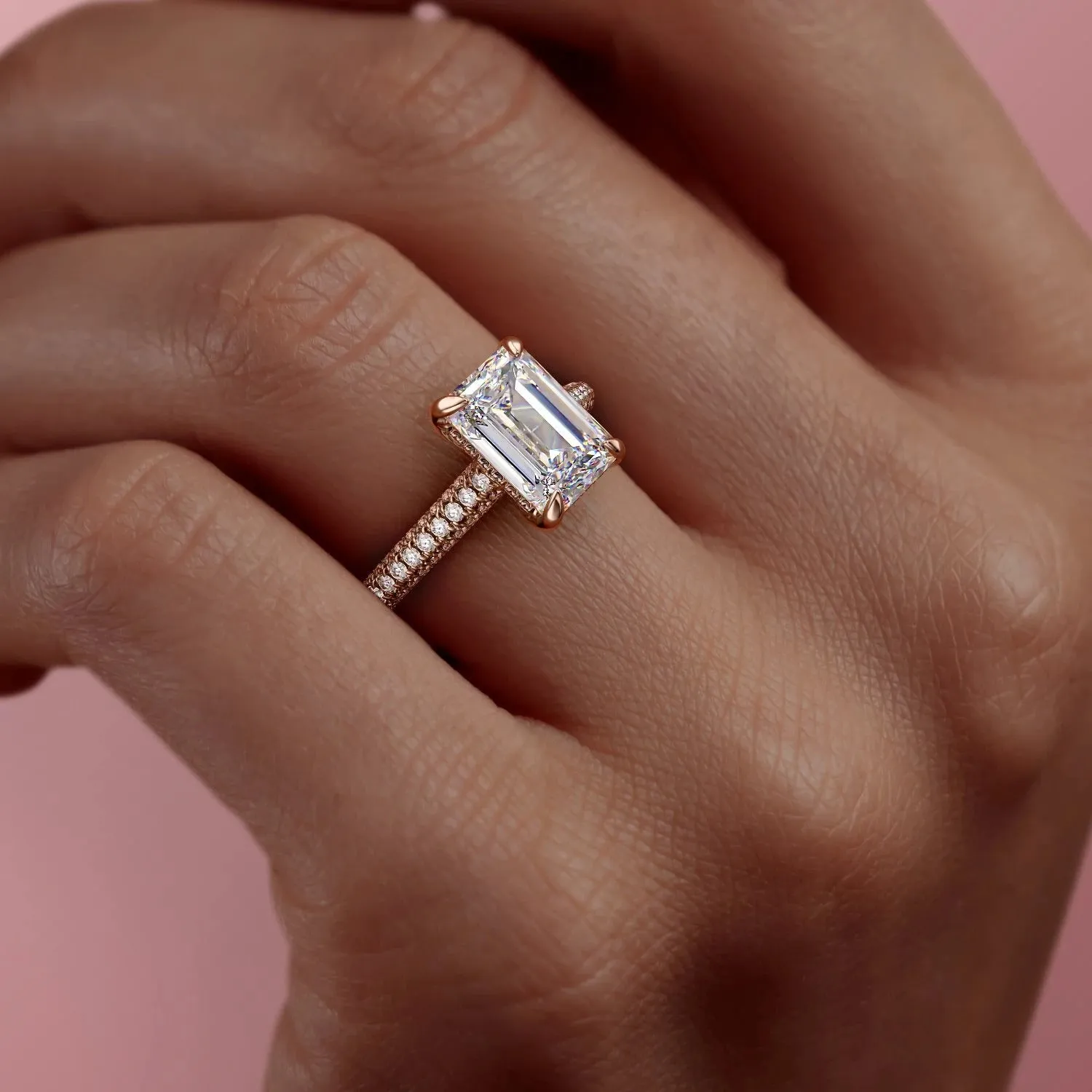 Emerald Cut Moissanite Engagement Ring, Pave Set Shoulders