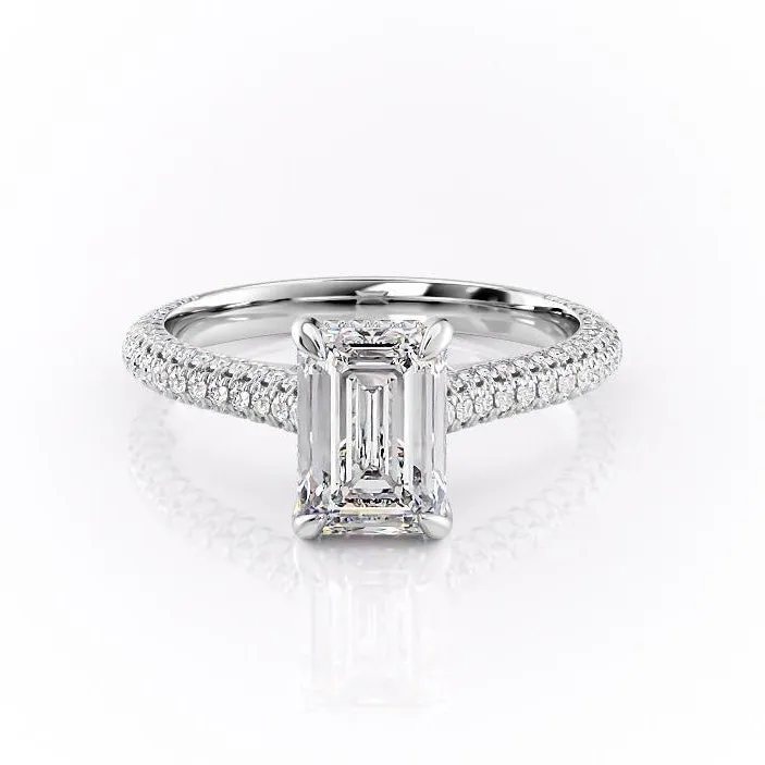 Emerald Cut Moissanite Engagement Ring, Pave Set Shoulders