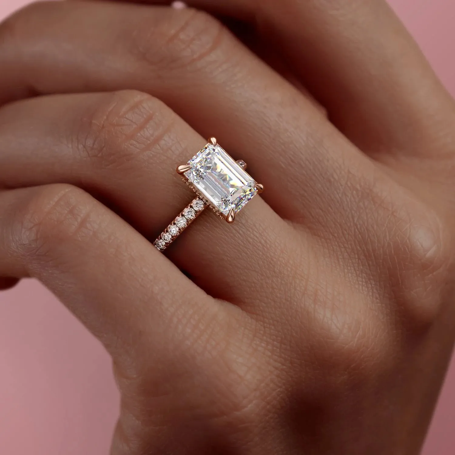 Emerald Cut Moissanite Ring, Hidden Halo